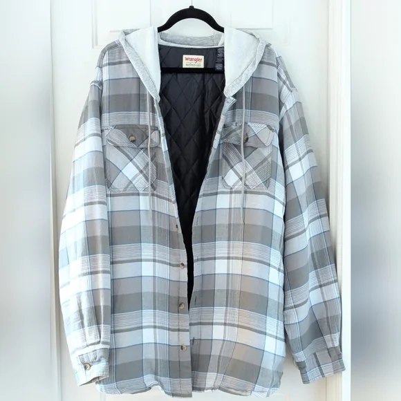 Wrangler Authentic Men's Lined Flannel Jacket Long Sleeve Hooded Gray Plaid, 3XL - Picture 1 of 6